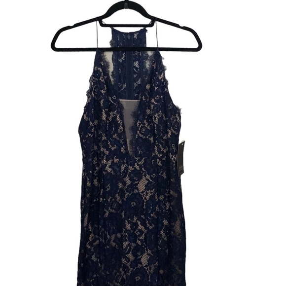 NWT Aidan by Aidan Mattox Lace V-Neck Mermaid Evening Dress Gown in Navy/nude - Picture 5 of 10